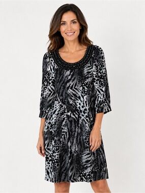 Black White Gray Animal Print Jewel Neckline Shift Dress Y2K Boutique Chic Midi